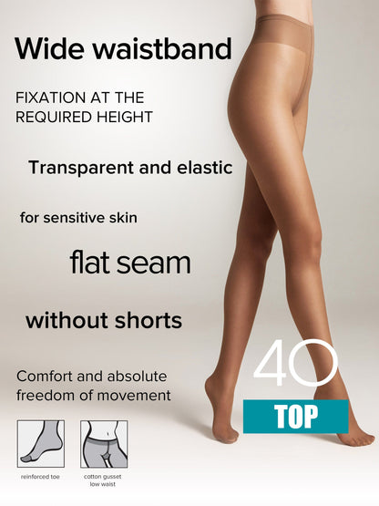 Sheer tan pantyhose worn by a model, featuring a wide waistband, flat seams, a reinforced toe, and a cotton gusset.