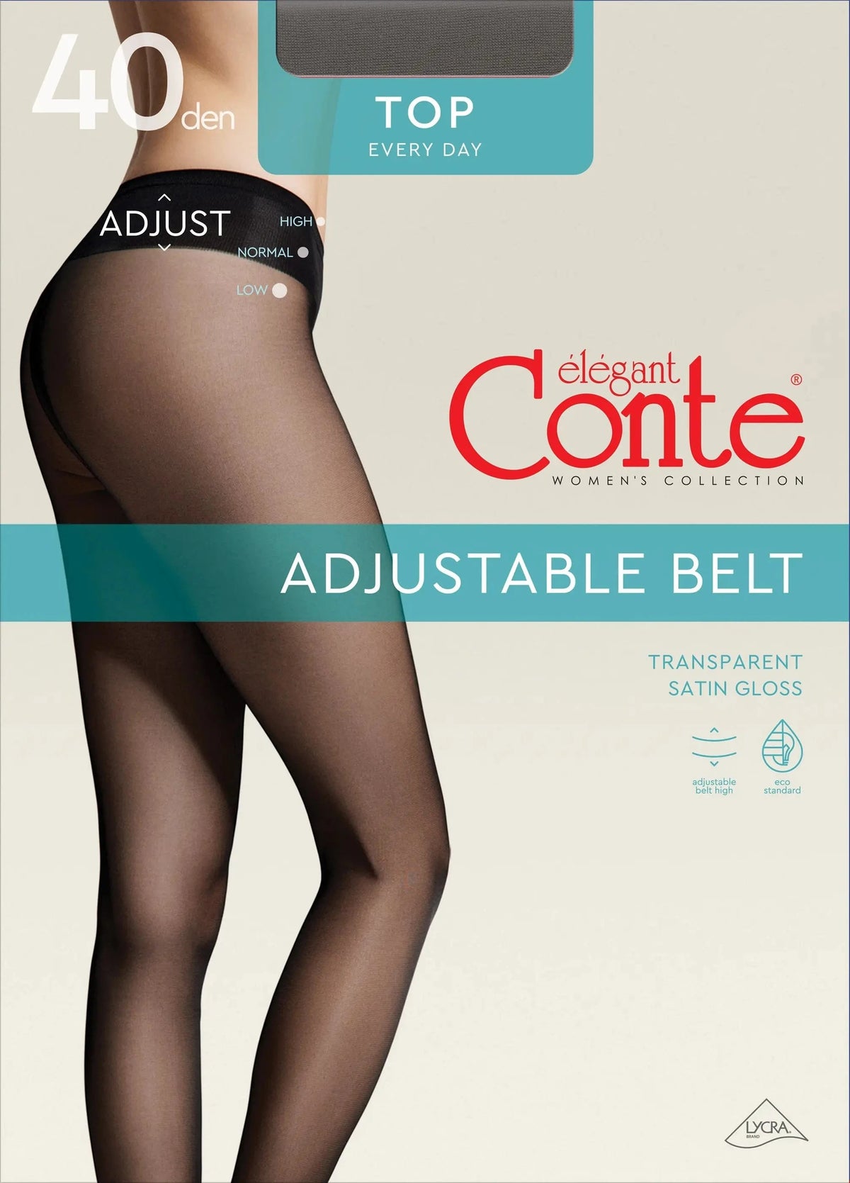 A close-up view of black sheer hosiery worn on legs, featuring a prominent wide waistband with an adjustable belt indicator showing options for high, normal, and low positions.