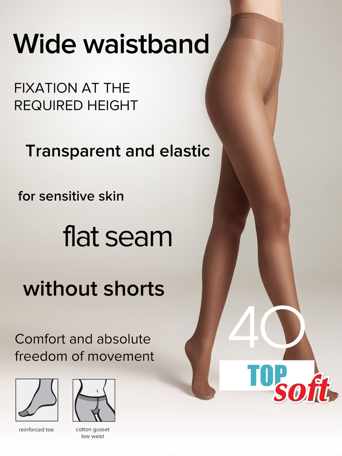 Tights Conte Top Soft 40 Den - Adjustable Fit for Sensitive Skin - A-1 Thread Vault