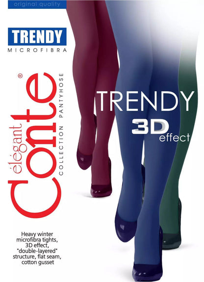 Three pairs of legs wearing opaque tights in shades of dark red, blue, and green, each paired with matching high-heeled shoes.