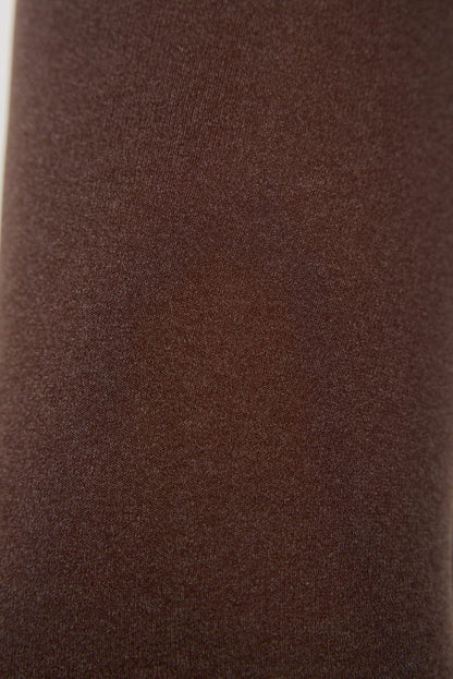 A close-up view of dark brown, opaque fabric featuring a smooth, fine-knit texture.