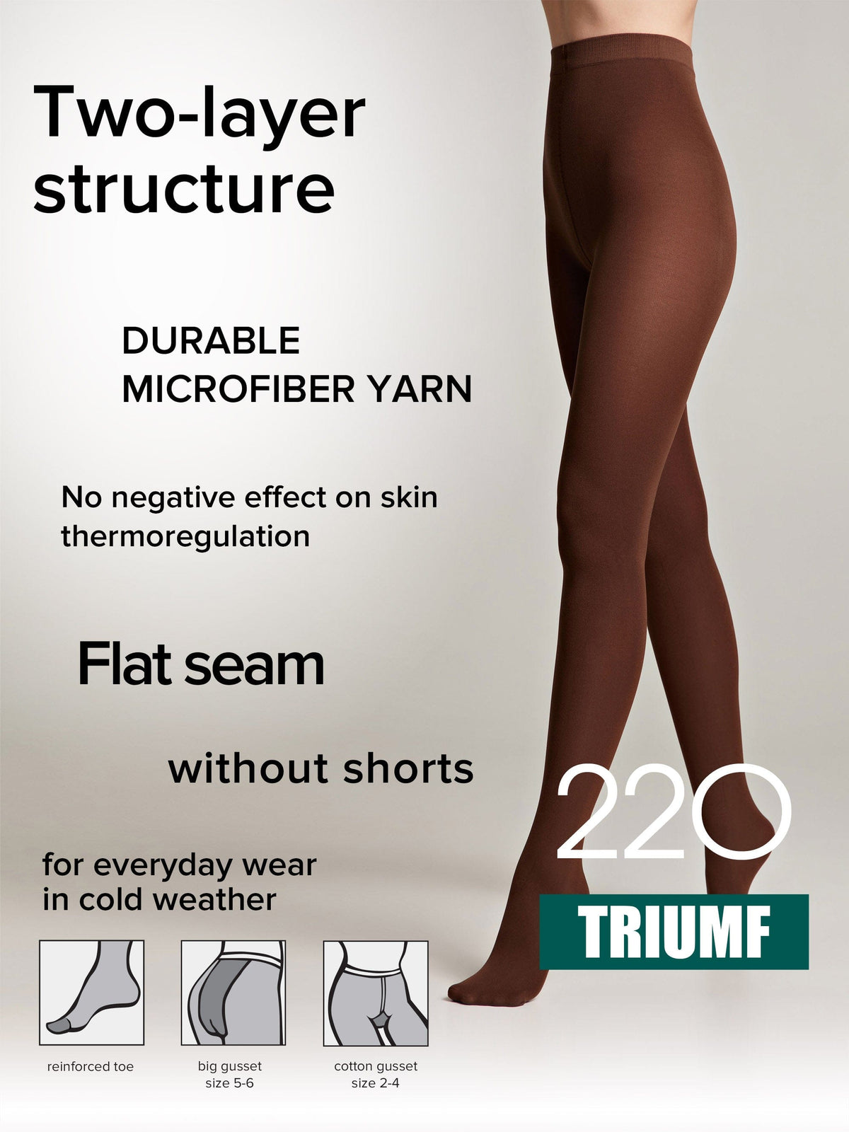 A pair of opaque brown tights with a two-layer structure, featuring a reinforced toe, flat seams, and gusset options shown in diagrams at the bottom.