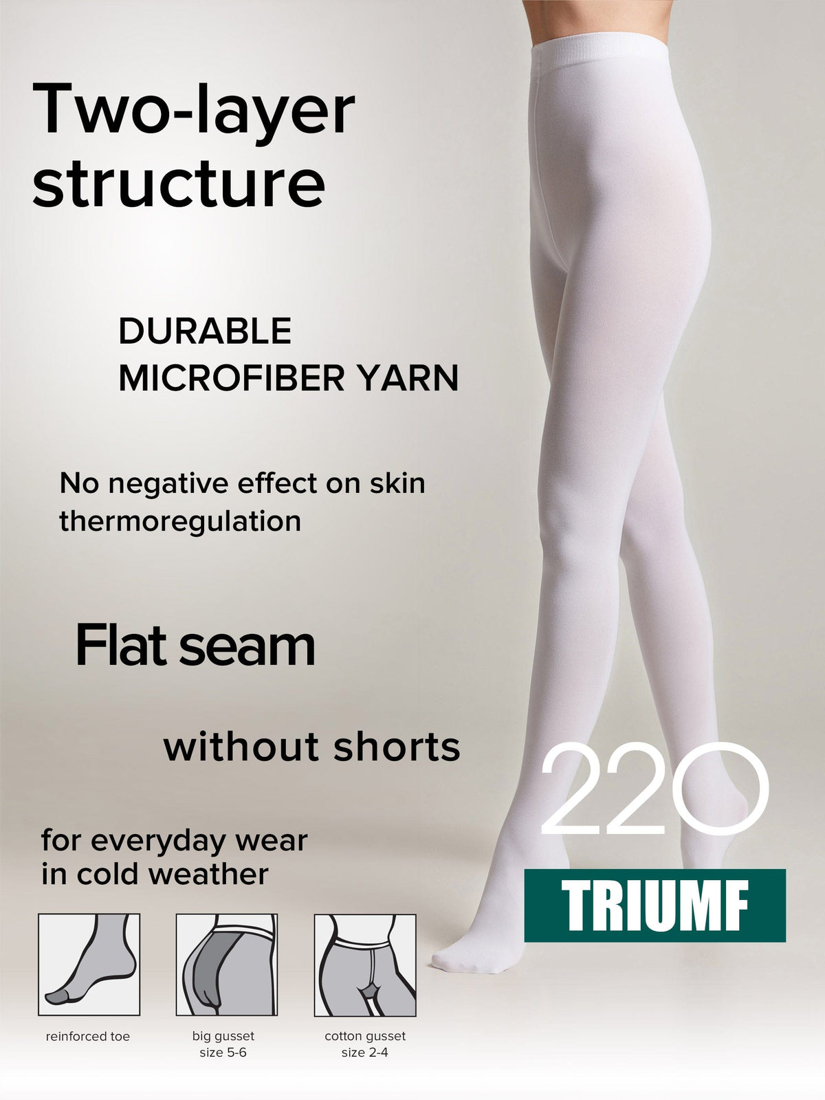 White opaque tights are worn by a model against a plain background, with text overlays detailing features like a two-layer structure, flat seams, and reinforced toes.