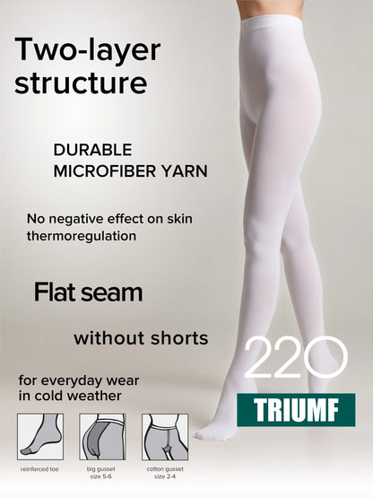 White opaque tights are worn by a model against a plain background, with text overlays detailing features like a two-layer structure, flat seams, and reinforced toes.