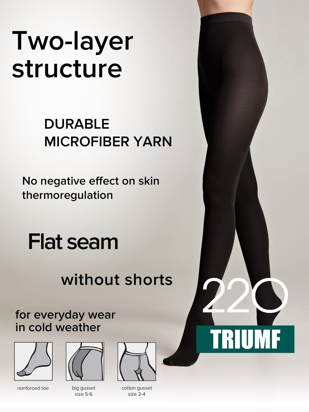A pair of opaque black tights worn by a person, featuring text overlays describing features like two-layer structure, flat seams, and reinforced toes, with diagrams showing gusset options at the bottom.