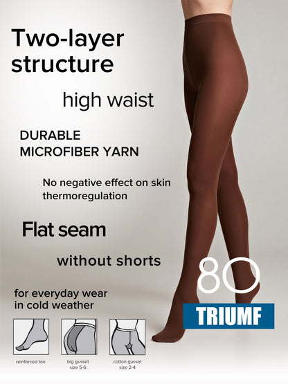 A pair of brown tights shown on a model's legs next to text detailing product features including a two-layer structure, high waist, and flat seams.