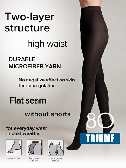 A pair of opaque black tights worn by a person, featuring text overlays describing features like a two-layer structure, high waist, flat seams, and reinforced toes.
