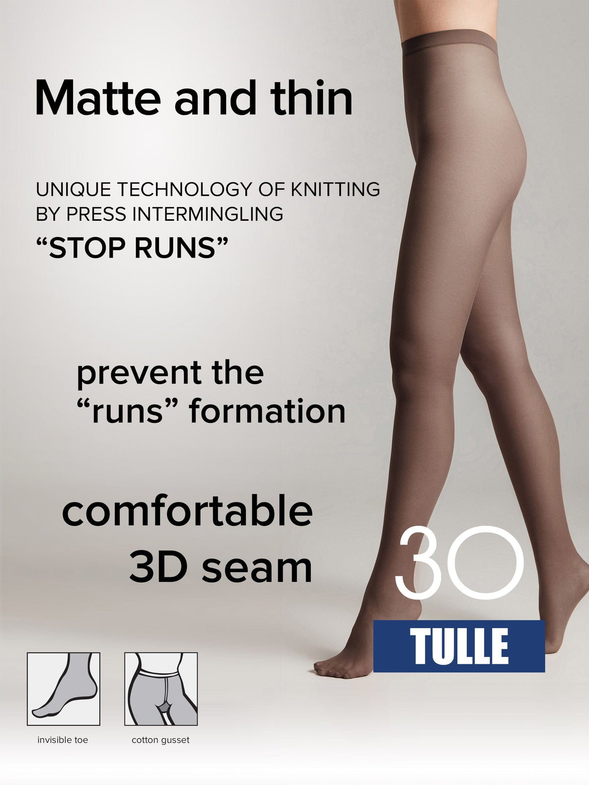 A close-up of a model's legs wearing sheer, matte brown tights against a light background, with small diagrams at the bottom showing an invisible toe and a cotton gusset.
