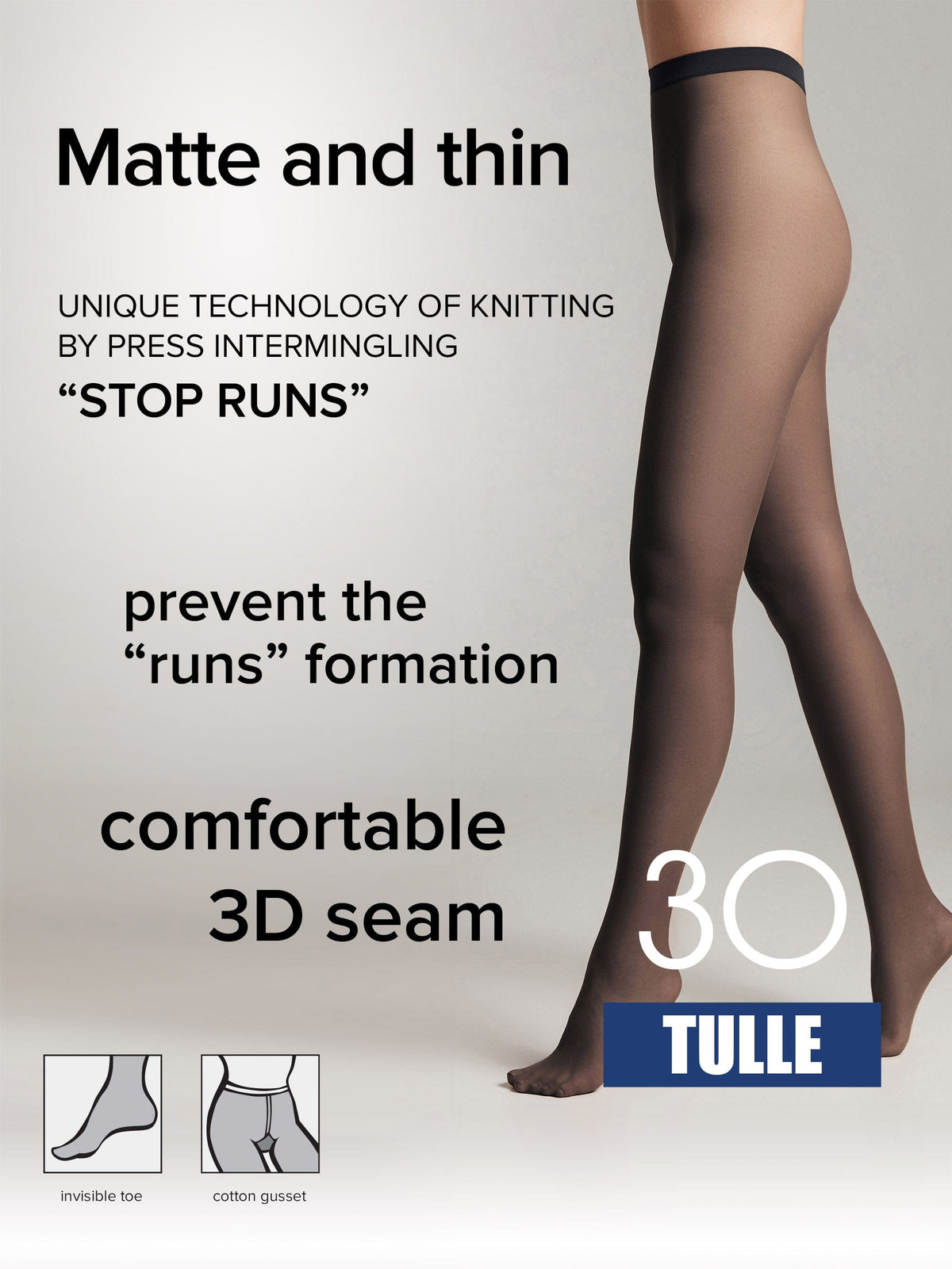 A pair of sheer, matte black pantyhose worn by a person, featuring visible details for an invisible toe and cotton gusset in the lower corner and text describing the hosiery's 3D seam and run-resistant technology.