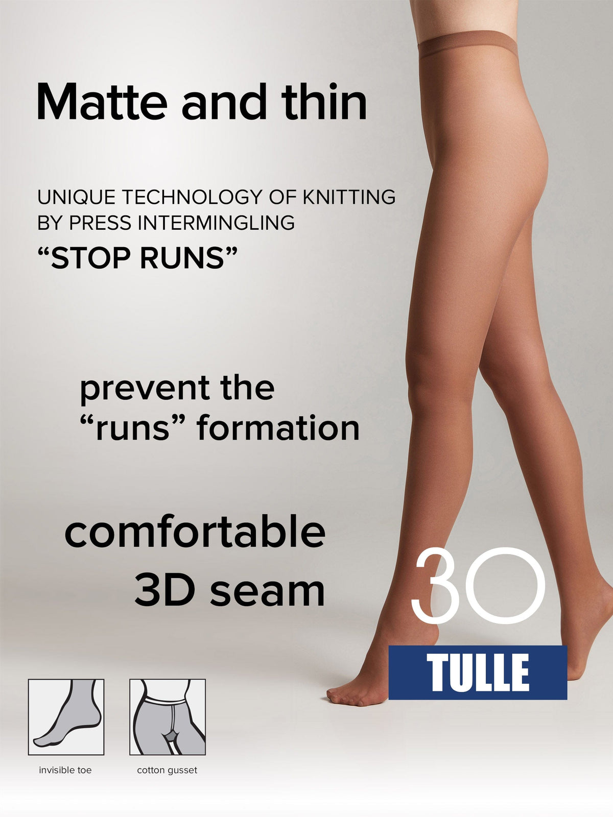 A pair of sheer, matte-finish tights in a light brown skin tone worn by a model, featuring text describing product benefits and icons showing an invisible toe and cotton gusset.