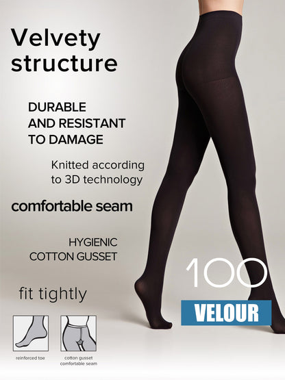 Black opaque tights worn on a model with text overlays describing product features like the velvety structure, reinforced toe, and cotton gusset.