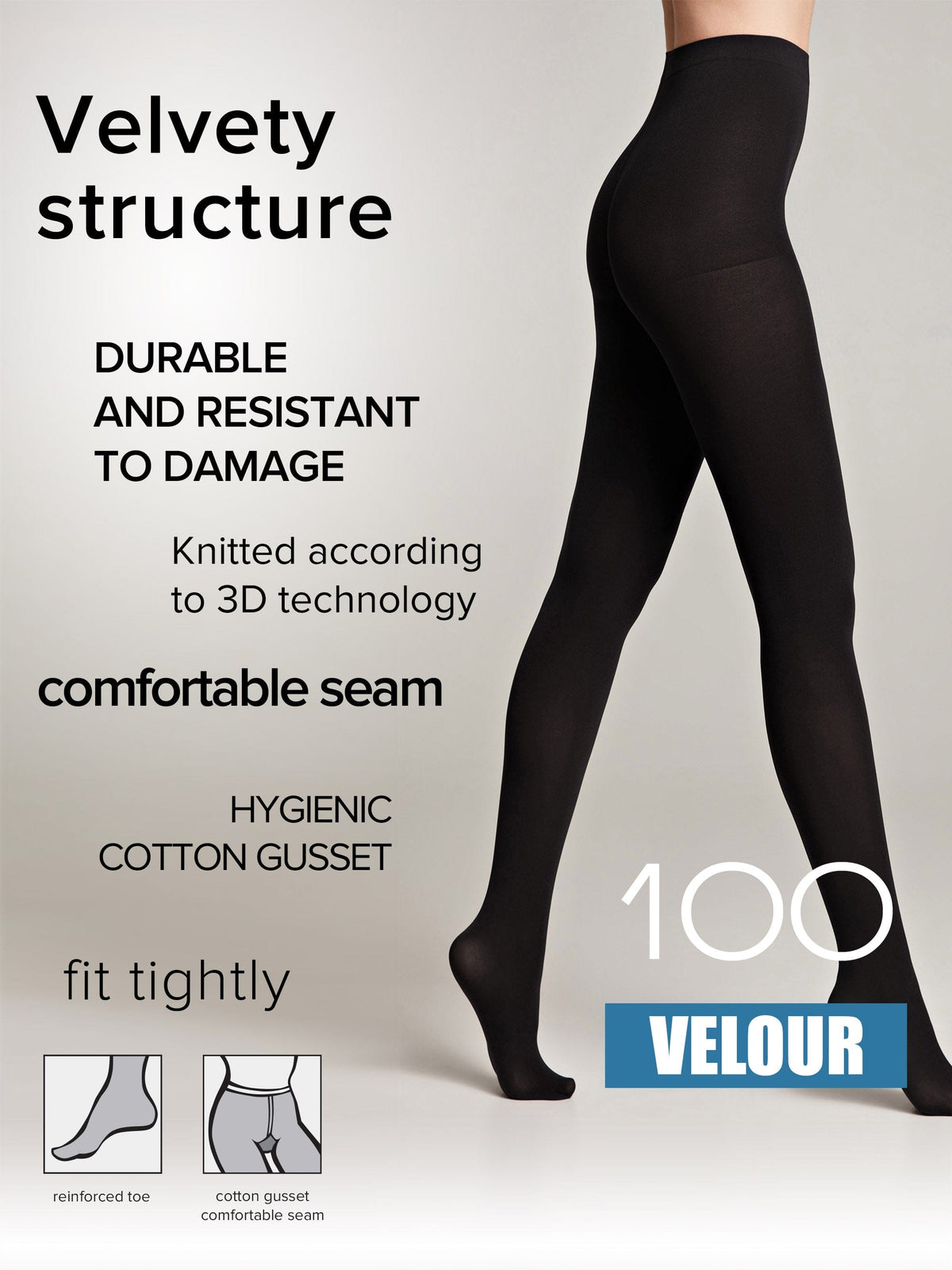 A pair of opaque black tights worn by a model against a grey background, featuring inset diagrams of a reinforced toe and a cotton gusset along with the text 100 VELOUR.