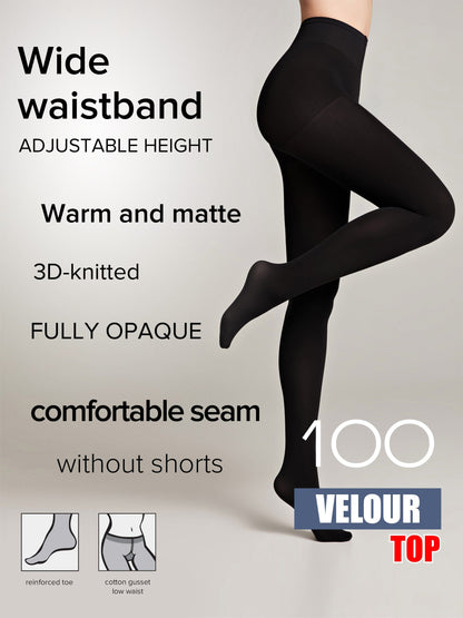 Black opaque tights on a model, highlighting a wide waistband, reinforced toe, and cotton gusset features.