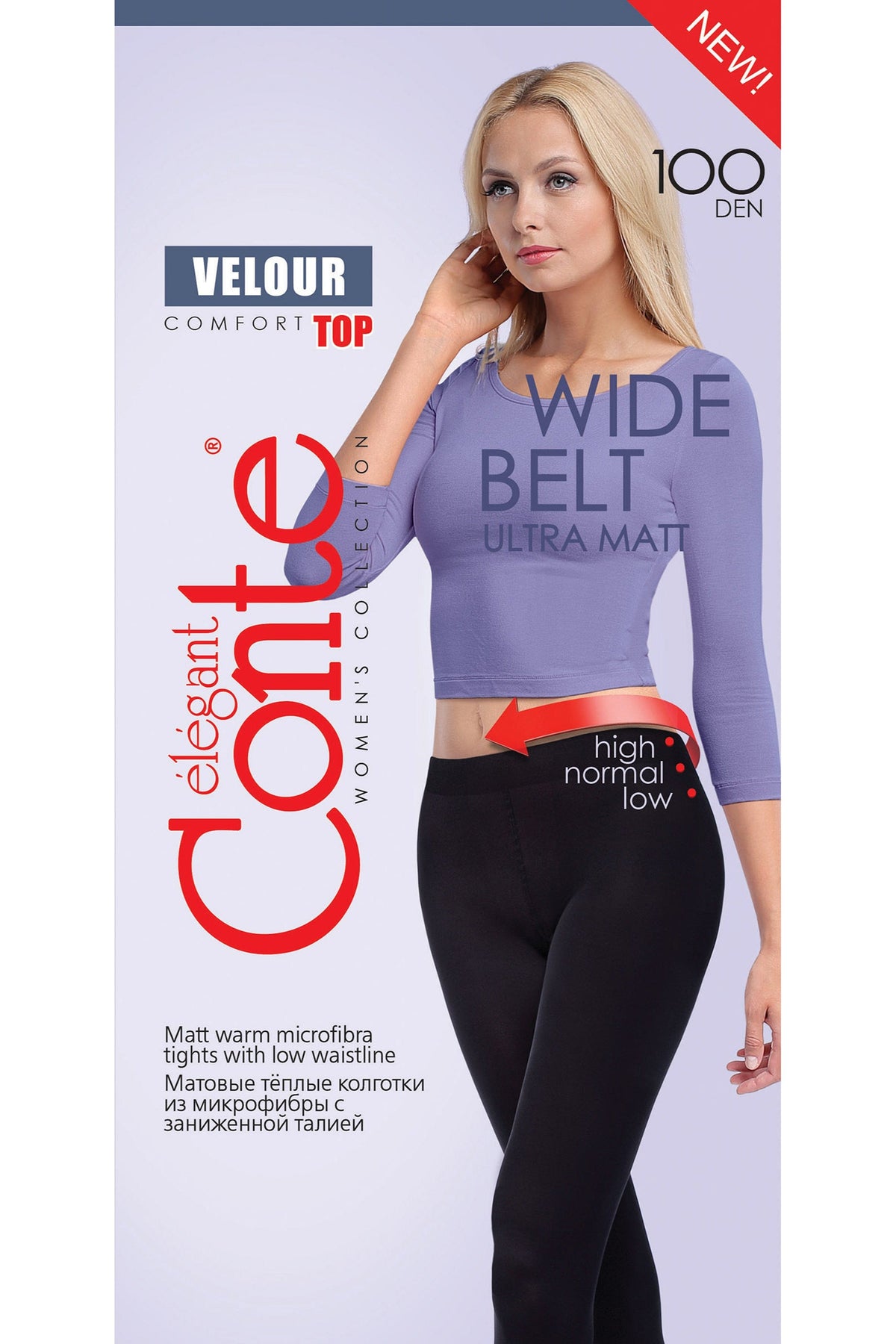 A blonde woman wears a long-sleeved light purple crop top with opaque black tights featuring a wide waistband on a light lavender background.