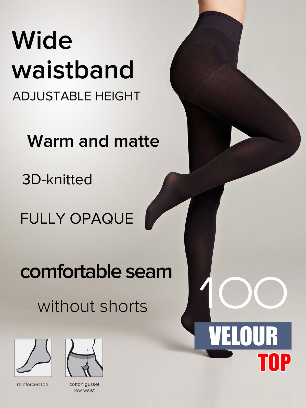 A pair of opaque black tights worn by a model, featuring a wide adjustable waistband, a reinforced toe, and a cotton gusset.