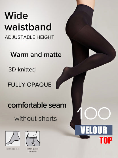 A pair of opaque black tights worn by a model, featuring a wide adjustable waistband, a reinforced toe, and a cotton gusset.
