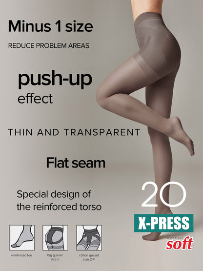 A pair of transparent, light brown pantyhose worn by a woman, highlighting features like a reinforced torso, flat seams, and special gusset designs for shaping.