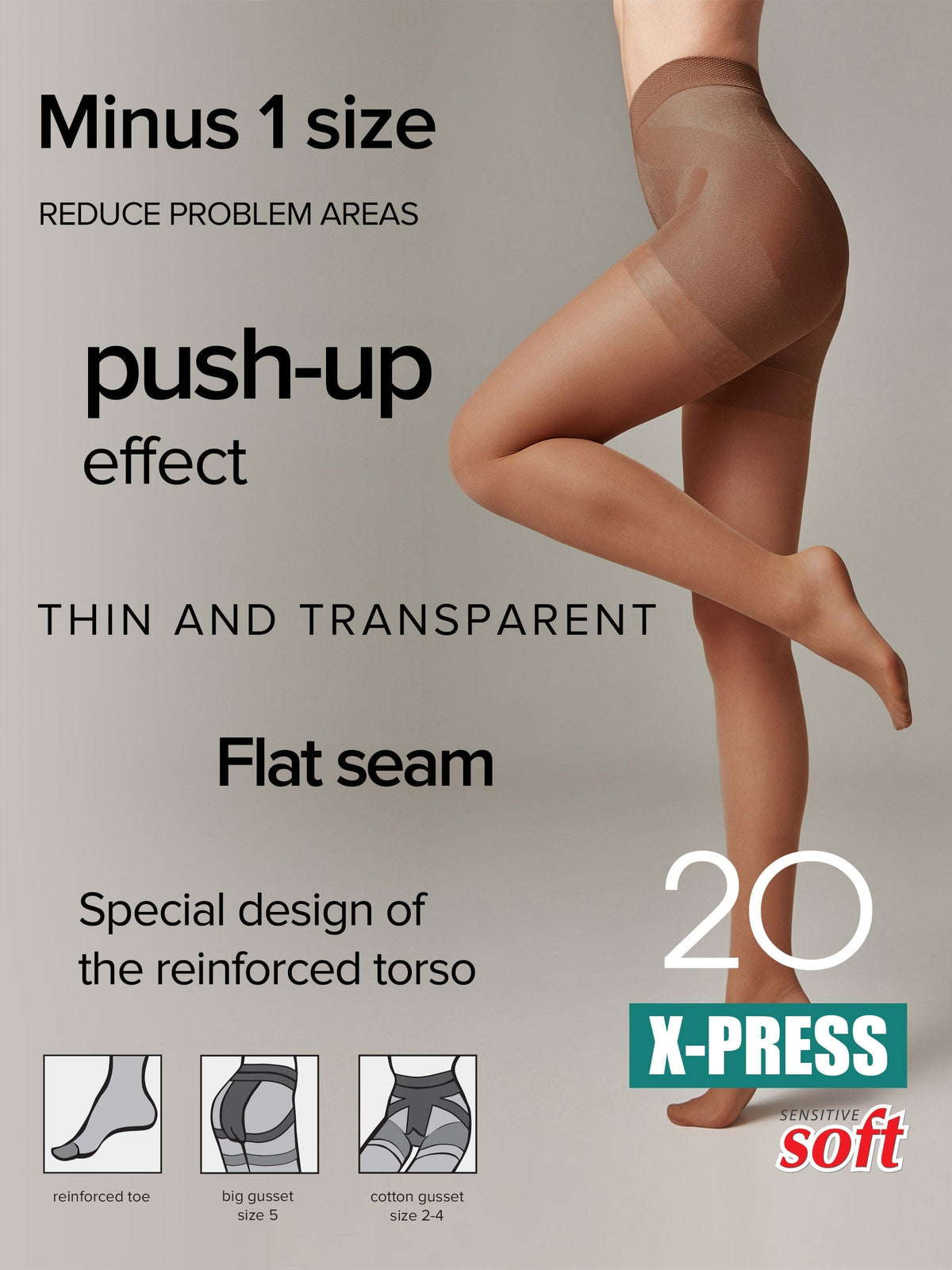 A pair of sheer, nude-colored pantyhose worn by a woman, featuring a reinforced torso, flat seams, and a detailed illustration of its toe and gusset construction at the bottom.