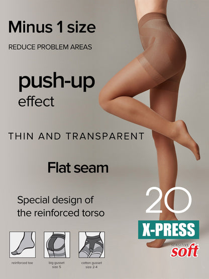 A pair of sheer, nude-colored pantyhose worn by a woman, featuring a reinforced torso, flat seams, and a detailed illustration of its toe and gusset construction at the bottom.