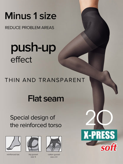 A pair of sheer black tights worn by a person, featuring a reinforced torso design, a flat seam, and diagrams at the bottom showing a reinforced toe and different gusset styles.