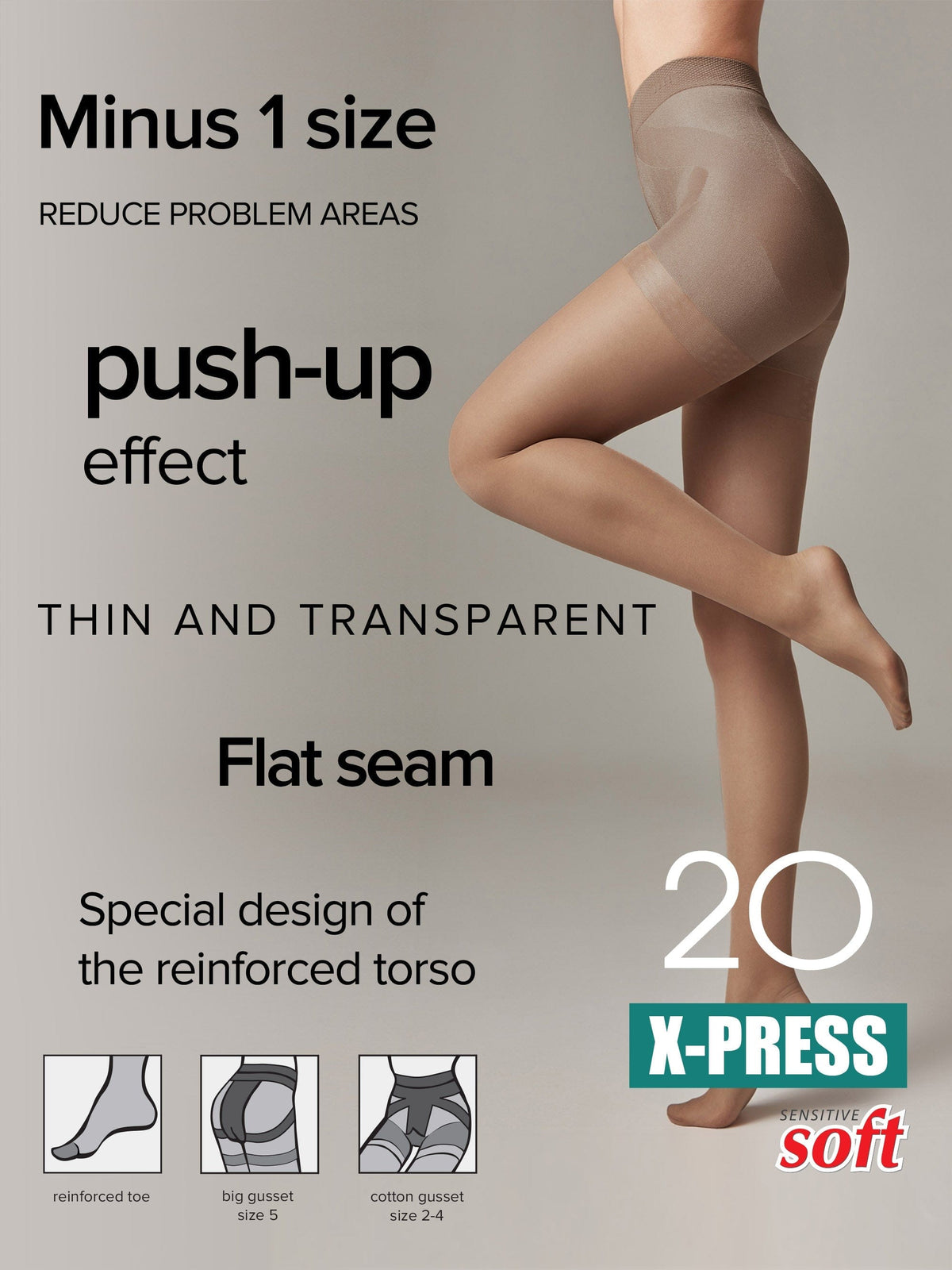 A close-up shot of a pair of tan-colored sheer tights worn on a model with text overlays highlighting features like a push-up effect, flat seams, and a reinforced torso design.