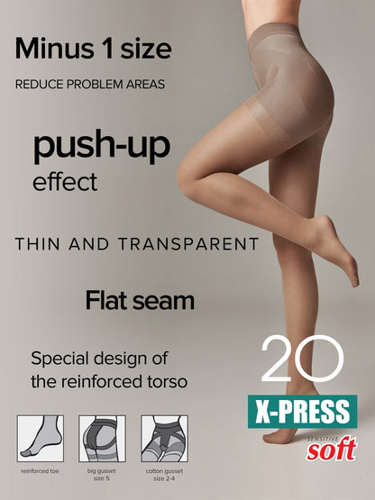A close-up shot of a pair of tan-colored sheer tights worn on a model with text overlays highlighting features like a push-up effect, flat seams, and a reinforced torso design.