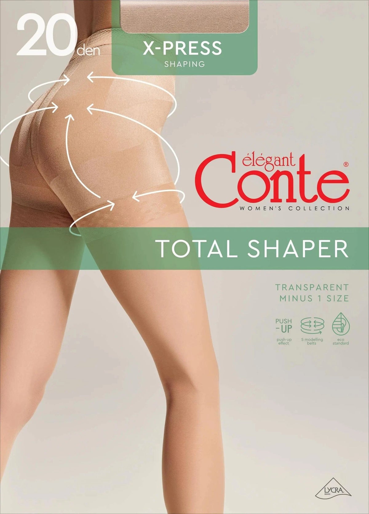 Beige shaping tights on a model shown from the side and back, featuring a reinforced waist and hip panel with arrows indicating a push-up and lifting effect.