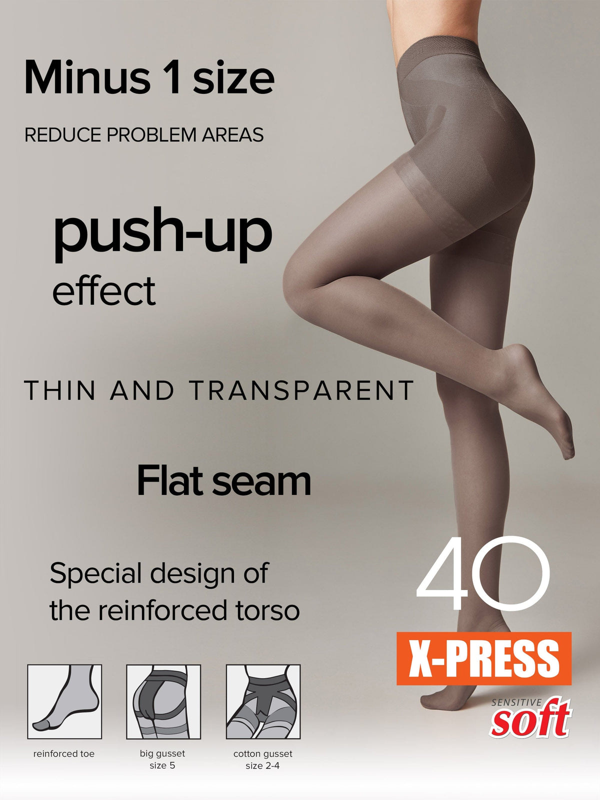 A pair of thin, transparent beige tights worn by a person, featuring a reinforced torso design with a push-up effect and flat seams.