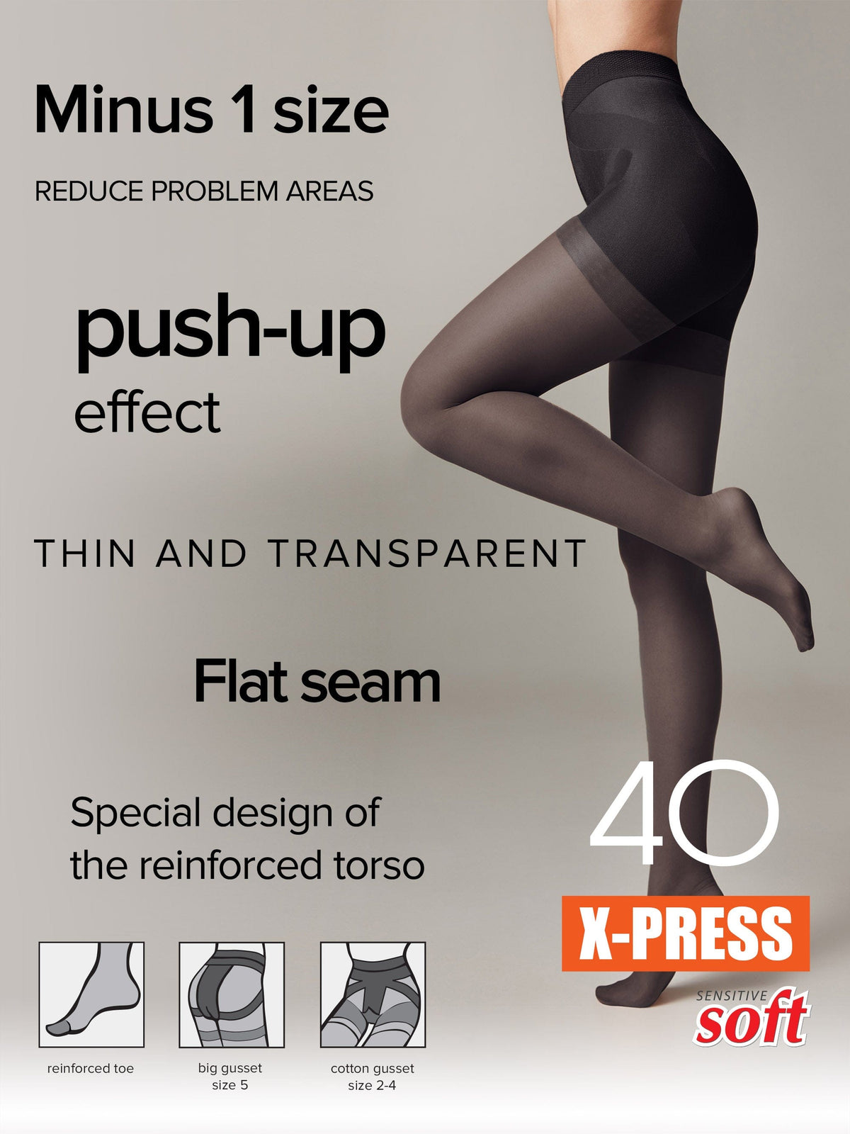 A pair of sheer black tights worn by a person, featuring a reinforced torso area, a flat seam, and small icons at the bottom showing details of the reinforced toe and gusset designs.