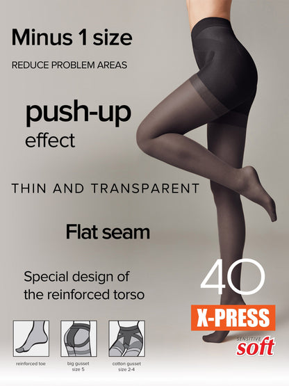 A pair of sheer black tights worn by a person, featuring a reinforced torso area, a flat seam, and small icons at the bottom showing details of the reinforced toe and gusset designs.