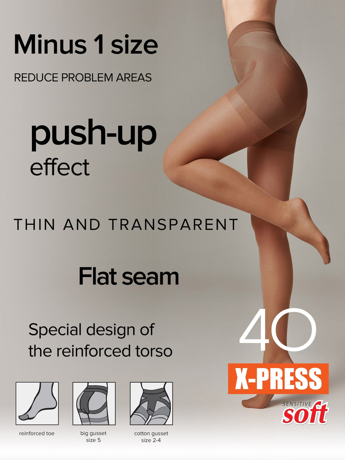 A pair of sheer, nude-colored pantyhose worn by a person, featuring a reinforced torso design and specialized panels for shaping, shown alongside small icons highlighting a reinforced toe, large gusset, and cotton gusset.