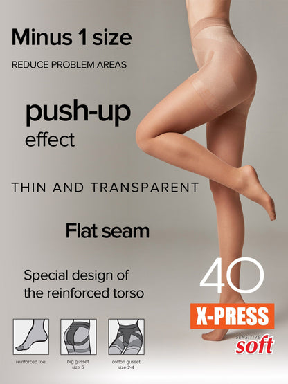 A pair of sheer, nude-colored pantyhose worn by a person, featuring a reinforced torso design with a shaping push-up effect and flat seams.