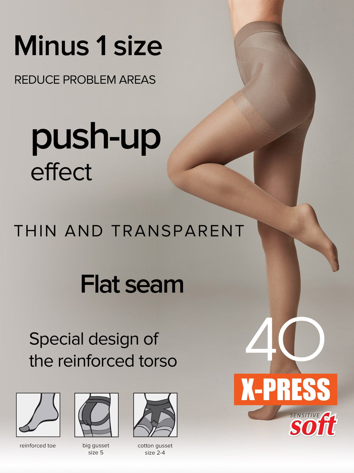 A beige pair of semi-sheer compression tights worn on a person's legs, featuring a reinforced torso design, flat seams, and diagrams showing a reinforced toe and gussets.