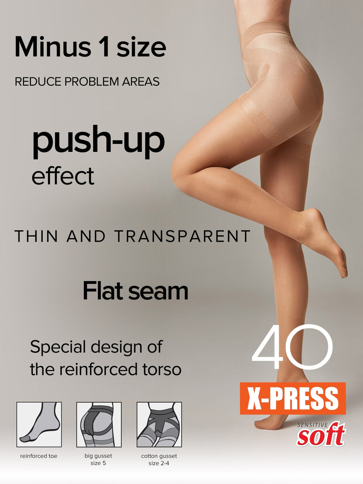 A close-up view of a person wearing sheer nude-colored tights that feature a reinforced torso area, a flat seam design, and a push-up effect, with icons at the bottom displaying the reinforced toe and gusset details.