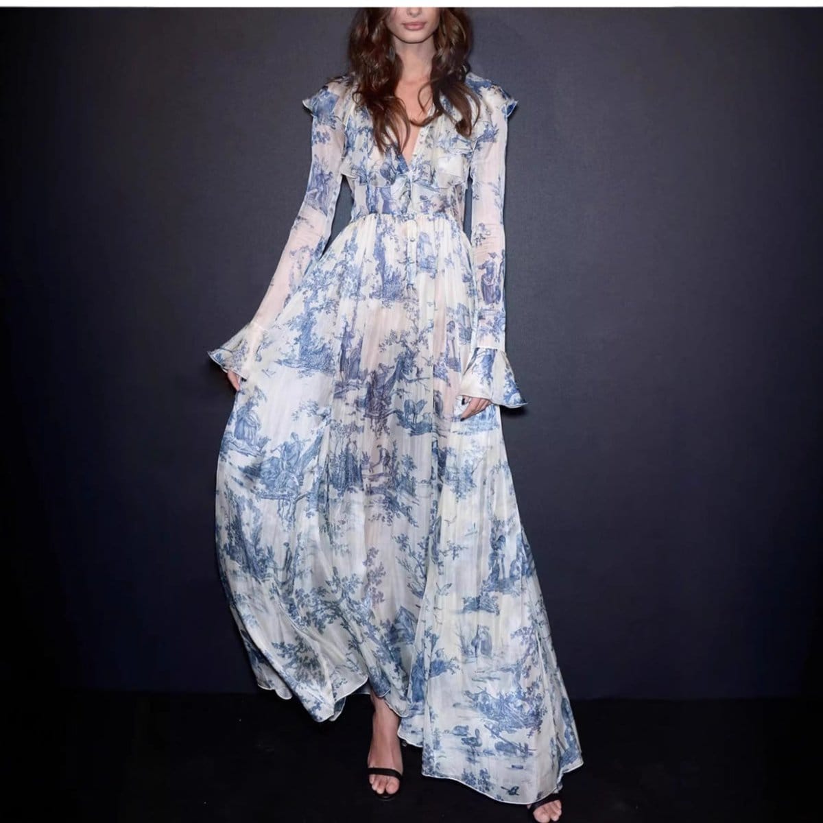 Toile de Jouy Print Ruffle Maxi Dress(MS422) - A-1 Thread Vault