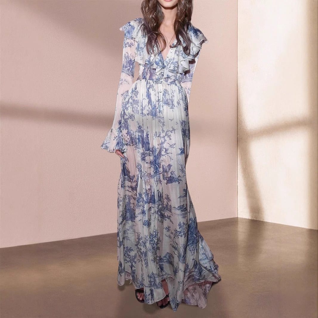 Toile de Jouy Print Ruffle Maxi Dress(MS422) - A-1 Thread Vault