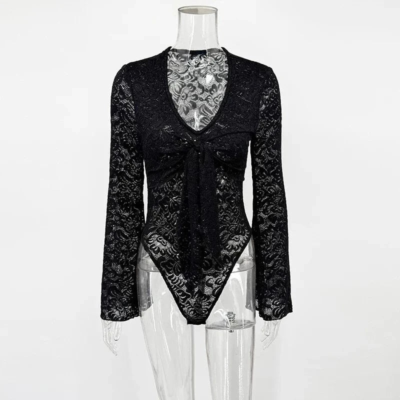 Tornova Lace Long Sleeve Sexy Bodysuits Women's Fashion Lace-Up V-Neck Twist Splice Sheer Jumpsuit Summer Party Female Bodysuits - A-1 Thread Vault
