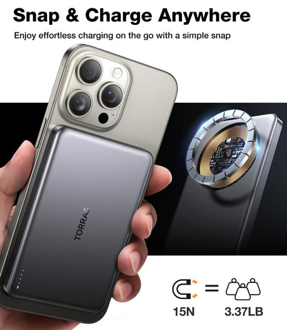 TORRAS MiniMag Power Bank,Ultra-Slim 10,000mAh Magnetic Wireless Portable Charger, 22.5W Fast Charging Battery Pack with USB-C Cable Designed for iPhone 16 Pro Max/16 Pro/16/15/14/13/12, Glacier Gray - A-1 Thread Vault