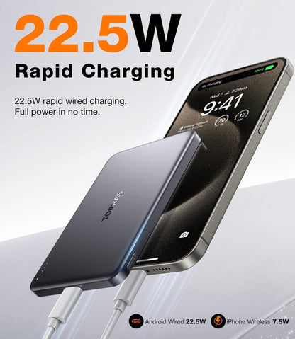 TORRAS MiniMag Power Bank,Ultra-Slim 10,000mAh Magnetic Wireless Portable Charger, 22.5W Fast Charging Battery Pack with USB-C Cable Designed for iPhone 16 Pro Max/16 Pro/16/15/14/13/12, Glacier Gray - A-1 Thread Vault