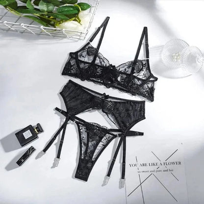 Toucheart 3 Piece Set Sexy Lace Embroidery Bra Set For Women Mesh Patchwork Perspective Sexy Garters Steel Rings Underwear Set - A-1 Thread Vault