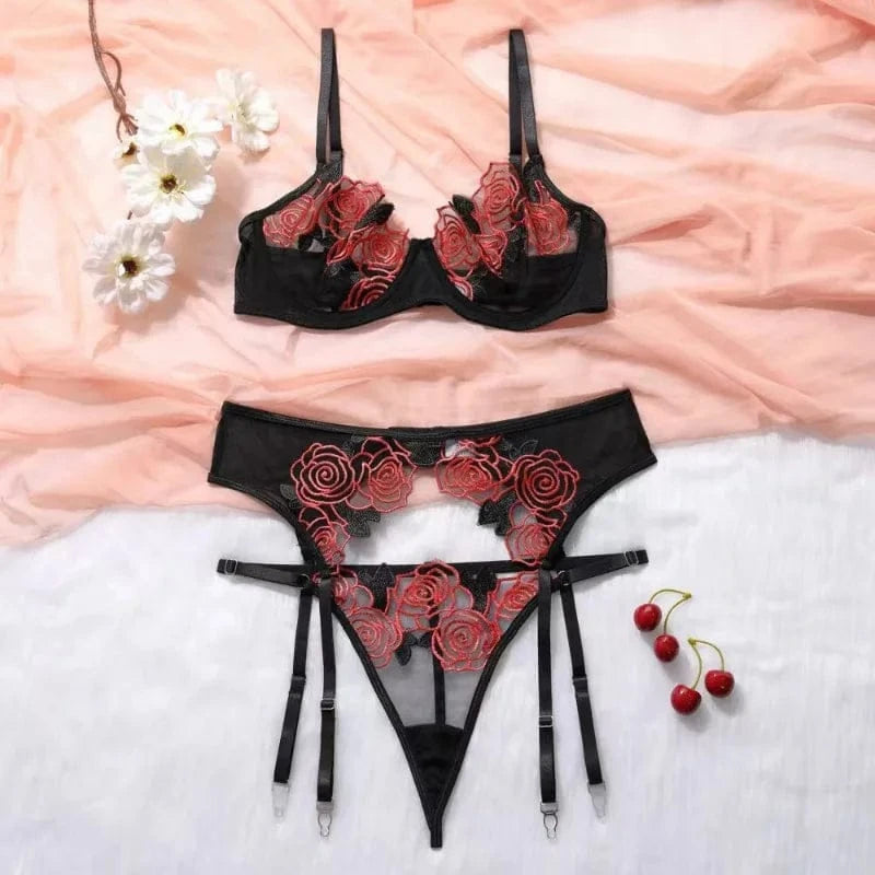 Toucheart 3 Piece Set Sexy Lace Embroidery Bra Set For Women Mesh Patchwork Perspective Sexy Garters Steel Rings Underwear Set - A-1 Thread Vault