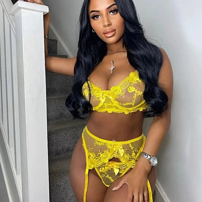 Toucheart 3 Piece Set Sexy Lingerie Lace Embroidered Eyelashes Perspective Underwired Push-up Bra For Women Underwear Suit New - A-1 Thread Vault