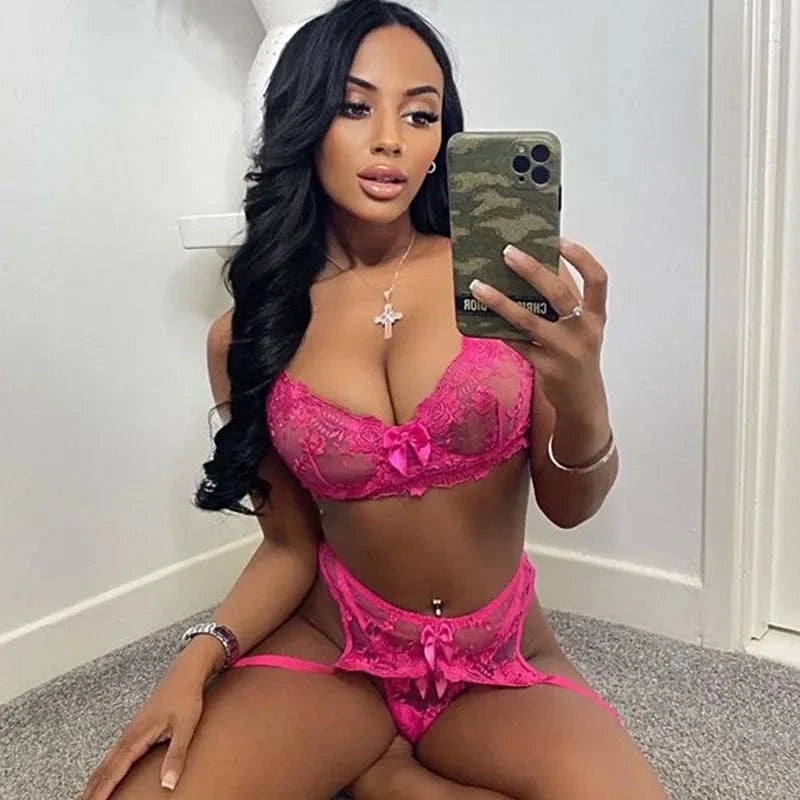 Toucheart 3 Piece Set Sexy Lingerie Lace Embroidered Eyelashes Perspective Underwired Push-up Bra For Women Underwear Suit New - A-1 Thread Vault