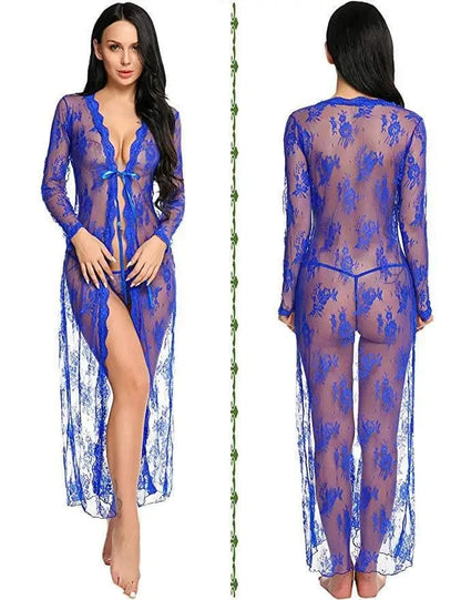 Toucheart Sexy Lace Mesh Transparent Sexy Robe Nightgown Women's See-Through Lace Printing Deep V-Neck Home Ultrathin Nightgown - A-1 Thread Vault