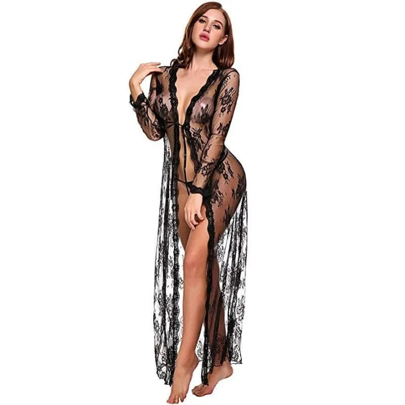 Toucheart Sexy Lace Mesh Transparent Sexy Robe Nightgown Women's See-Through Lace Printing Deep V-Neck Home Ultrathin Nightgown - A-1 Thread Vault