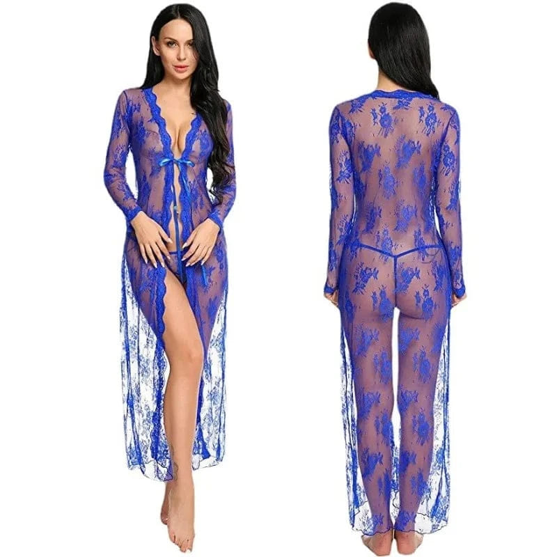 Toucheart Sexy Lace Mesh Transparent Sexy Robe Nightgown Women's See-Through Lace Printing Deep V-Neck Home Ultrathin Nightgown - A-1 Thread Vault