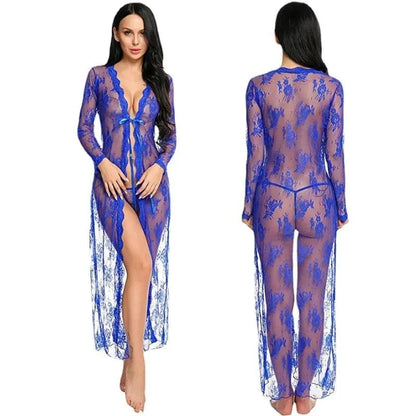 Toucheart Sexy Lace Mesh Transparent Sexy Robe Nightgown Women's See-Through Lace Printing Deep V-Neck Home Ultrathin Nightgown - A-1 Thread Vault