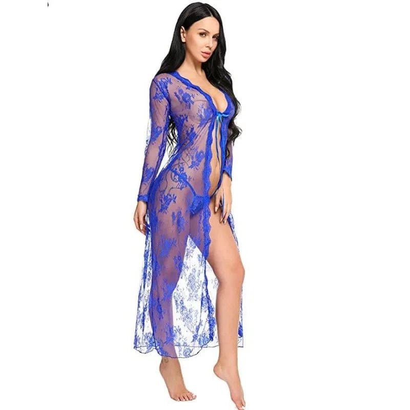 Toucheart Sexy Lace Mesh Transparent Sexy Robe Nightgown Women's See-Through Lace Printing Deep V-Neck Home Ultrathin Nightgown - A-1 Thread Vault