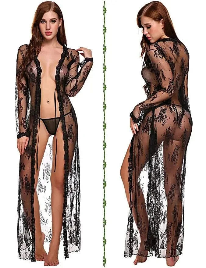 Toucheart Sexy Lace Mesh Transparent Sexy Robe Nightgown Women's See-Through Lace Printing Deep V-Neck Home Ultrathin Nightgown - A-1 Thread Vault