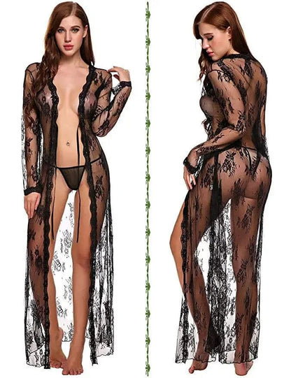 Toucheart Sexy Lace Mesh Transparent Sexy Robe Nightgown Women's See-Through Lace Printing Deep V-Neck Home Ultrathin Nightgown - A-1 Thread Vault